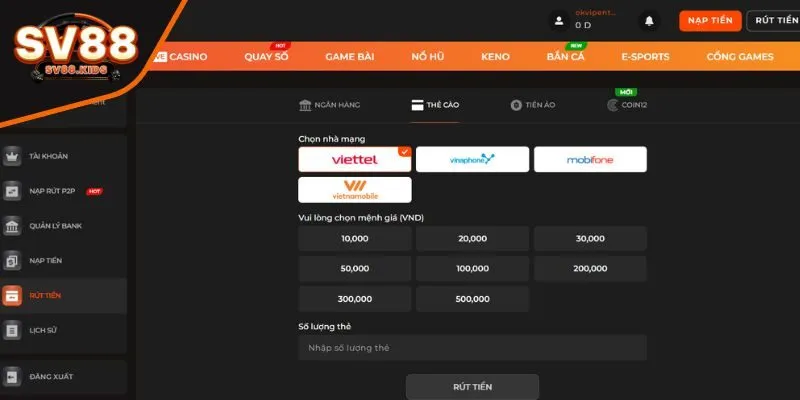 Nạp rút tiền SV88 bằng thẻ cào