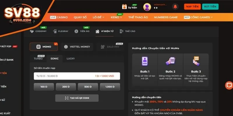 Nạp tiền SV88 bằng ví Momo